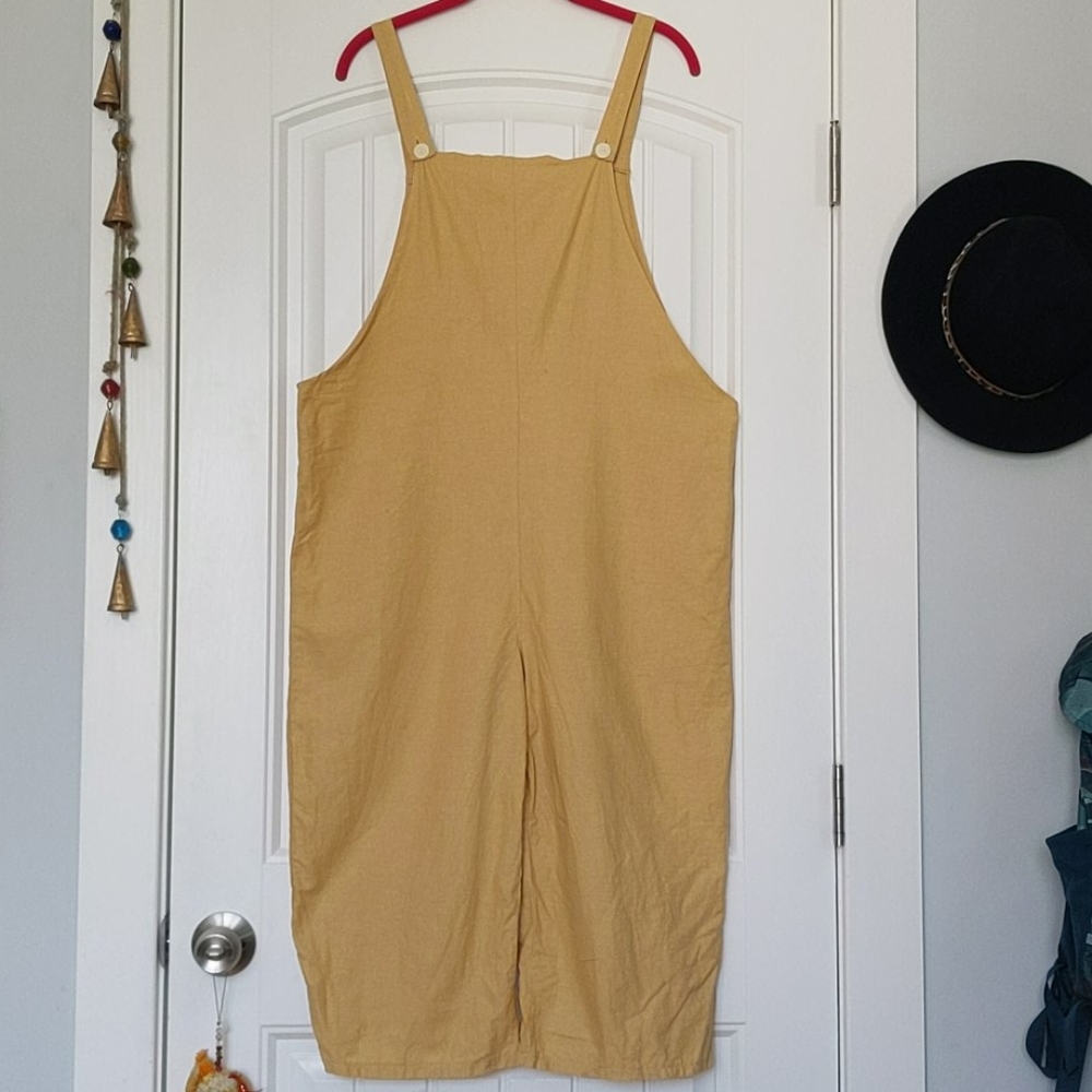 Mustard Yellow Cropped Linen Overalls